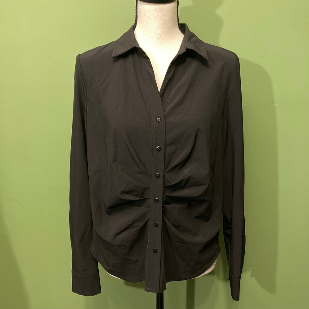 Women's Modern Works Black Ruched Long Sleeve Button Down Shirt M